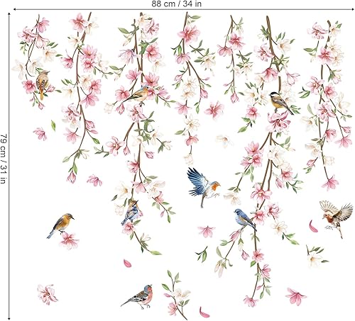 Miniatura 5 de decalmile Calcomanías de pared colgantes con diseño de vid, hojas florales rosas, pájaros, calcomanías de pared para dormitorio, sala de estar,