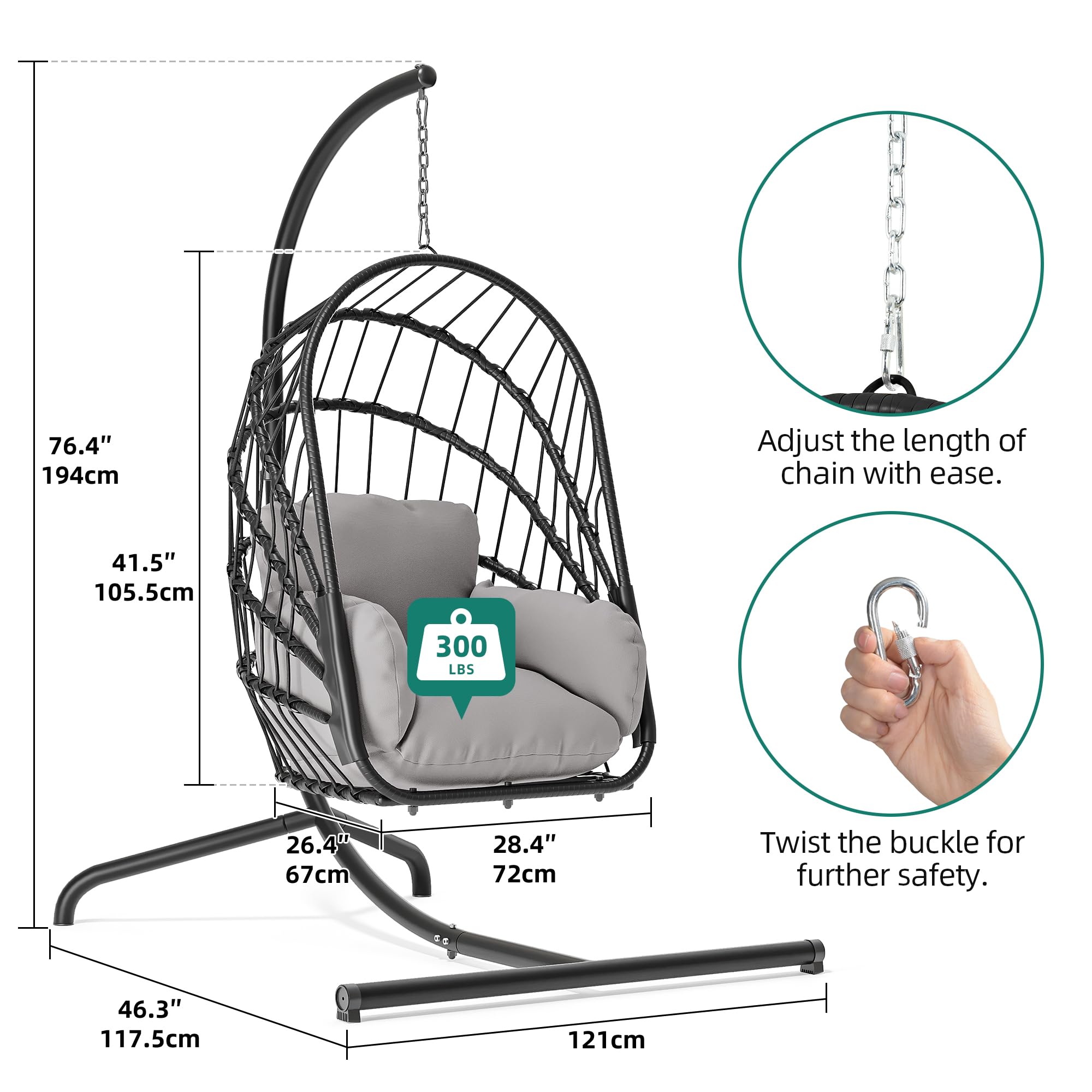 YITAHOME Hängesessel mit Ständer, Rattan-Korb Schaukelstuhl mit strapazierfähiger Polsterung, 160 kg Tragfähigkeit, Klappbarer Hänge-Korbstuhl für Terrasse, Garten, Schlafzimmer, Balkon (Grau)