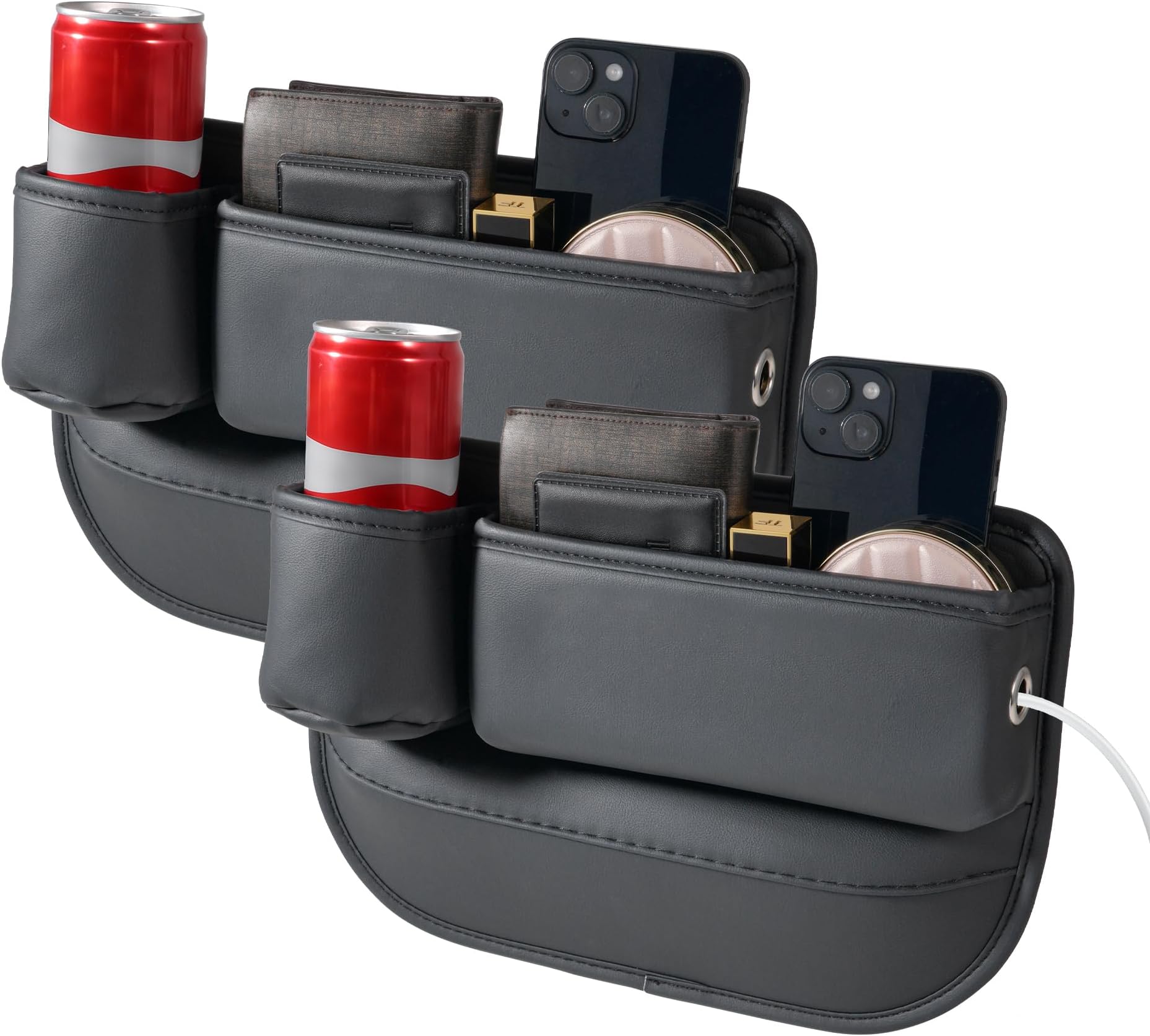 2-Pack PU Leather Car Seat Gap Organizer | 1 Cup Holder per Side | 11.2"x8.3"x2.5" Quick-Install Storage for Phone, Keys, Drinks (Left+Right)（Black）