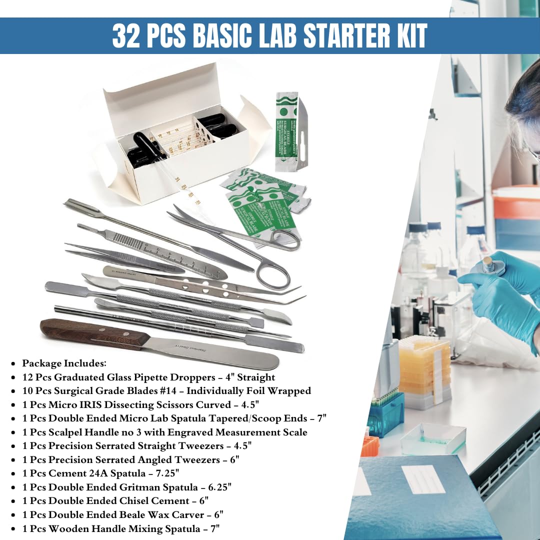 32Pcs Multipurpose Scientific Lab Tools Pack for Basic Starter Research Laboratory Kit with Stainless Steel Sampling Spoon Scoop Spatulas, Forceps, Pipette Droppers, Scissors, Scalpel Handle & Blades