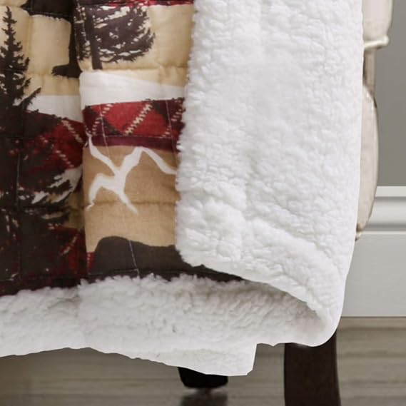 Lush Decor Holiday Lodge Reversible Throw | Sherpa Blanket with Wintry Tree Bear Moose Scene Design - 60 x 50, Red and Brown
