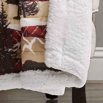 Lush Decor Holiday Lodge Reversible Throw | Sherpa Blanket with Wintry Tree Bear Moose Scene Design - 60 x 50, Red and Brown