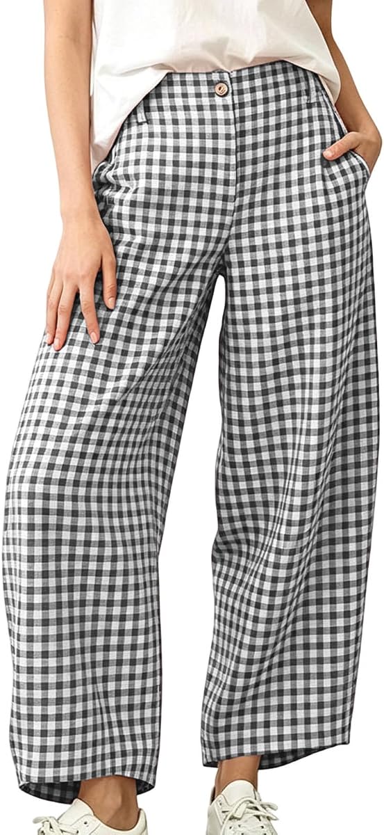 Women's Gingham Wide Leg Cropped Pants Button Closure Casual
