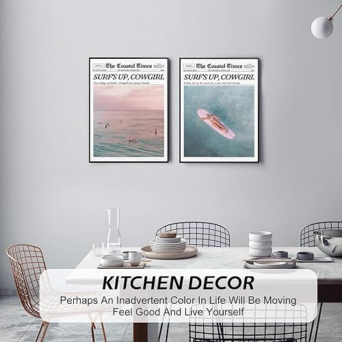 Miniatura 4 de 2 piezas de lienzo de playa rosa de moda, arte de pared, diseño de vaquera costera, decoración estética, póster de tabla de surf occidental,