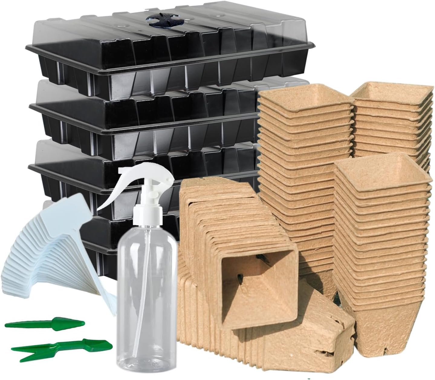 Seed Starter Kit with 100 Peat Pots for Seedlings Seed Starter Tray, 5 Plastic Growing Trays with Water Strainer & Adjustable Humidity Dome Outdoor or Indoor Herb Garden Nursery