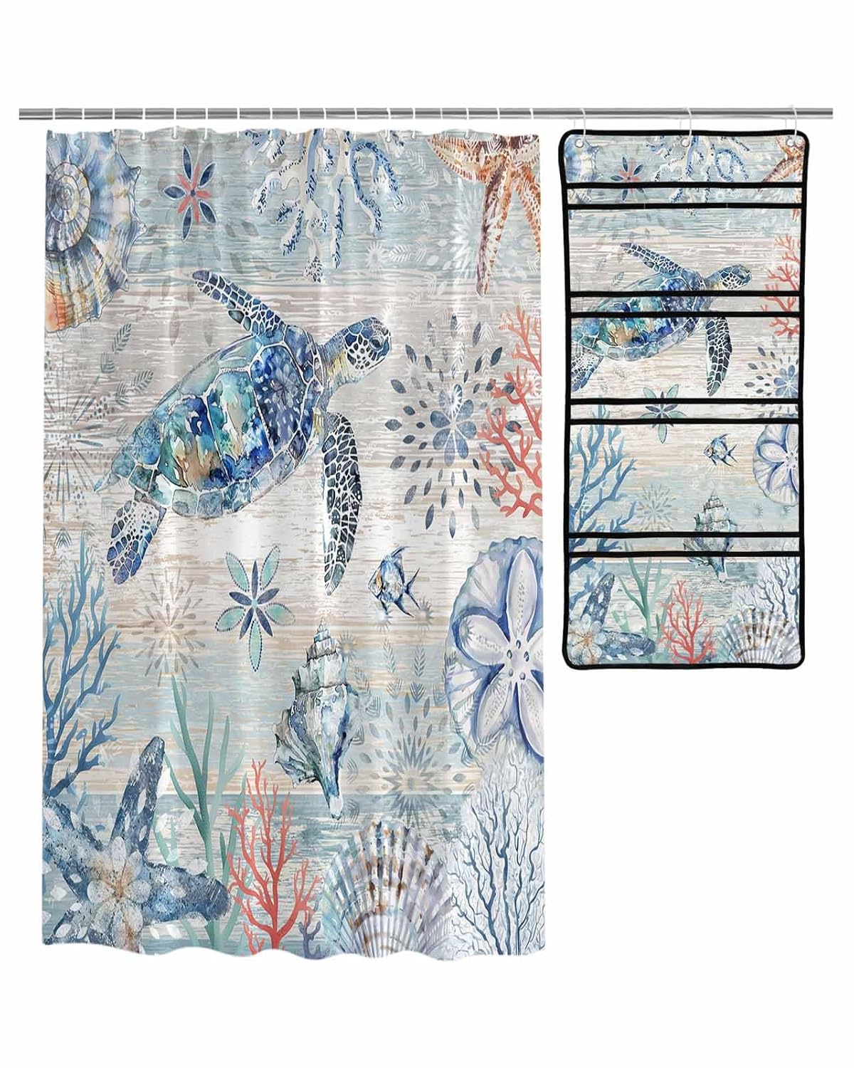 Decorative Shower Curtain Sets Summer Ocean Coral Shell Sea Turtle Vintage Wood Blue Grain Fabric Waterproof Shower Curtains
