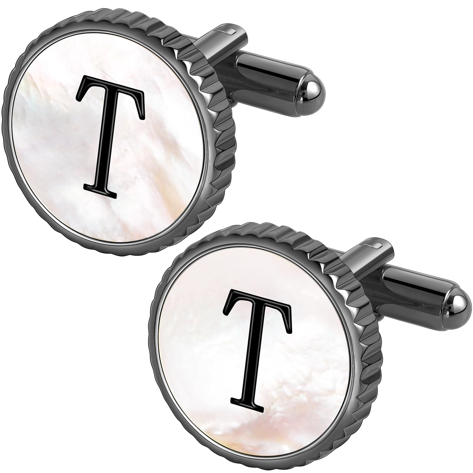Golden Silver Cuff Links Mens, Mother Of Pearl Cufflinks for Men Initial Personalized Cufflinks 26 Alphabet Golden Silver Cuff Links for Anniversary Business Wedding