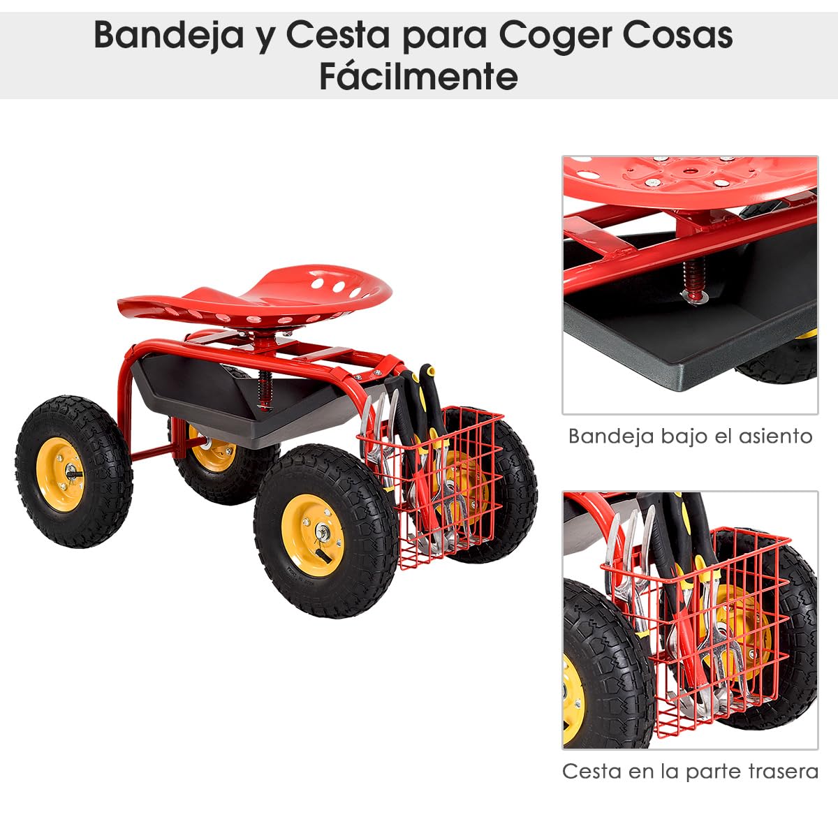 COSTWAY Asiento de Jardín con Ruedas, Taburete Móvil de Trabajo de Jardinería con Altura Ajustable y Asiento Giratorio de 360°, Cesta de Almacenamiento, Carro de Trabajo para Césped, Patio(Rojo)