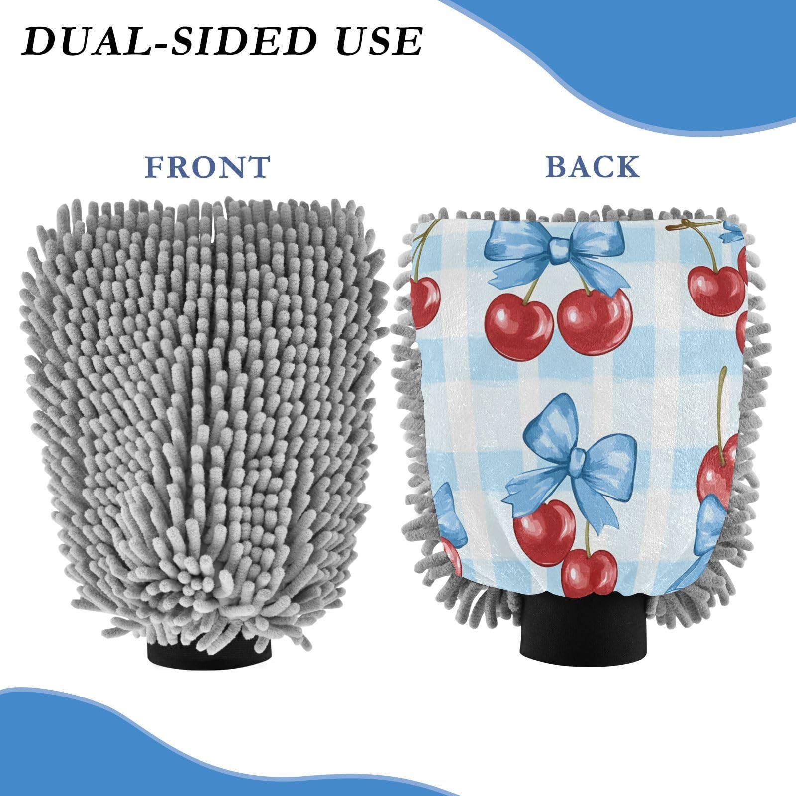STAYTOP Cherry Tied with A Blue Bow Car Wash Mitt Microfiber, 2Pcs Scratch Free Lint-Free, Premium Chenille Microfiber Mitt Car Wash Brush-L