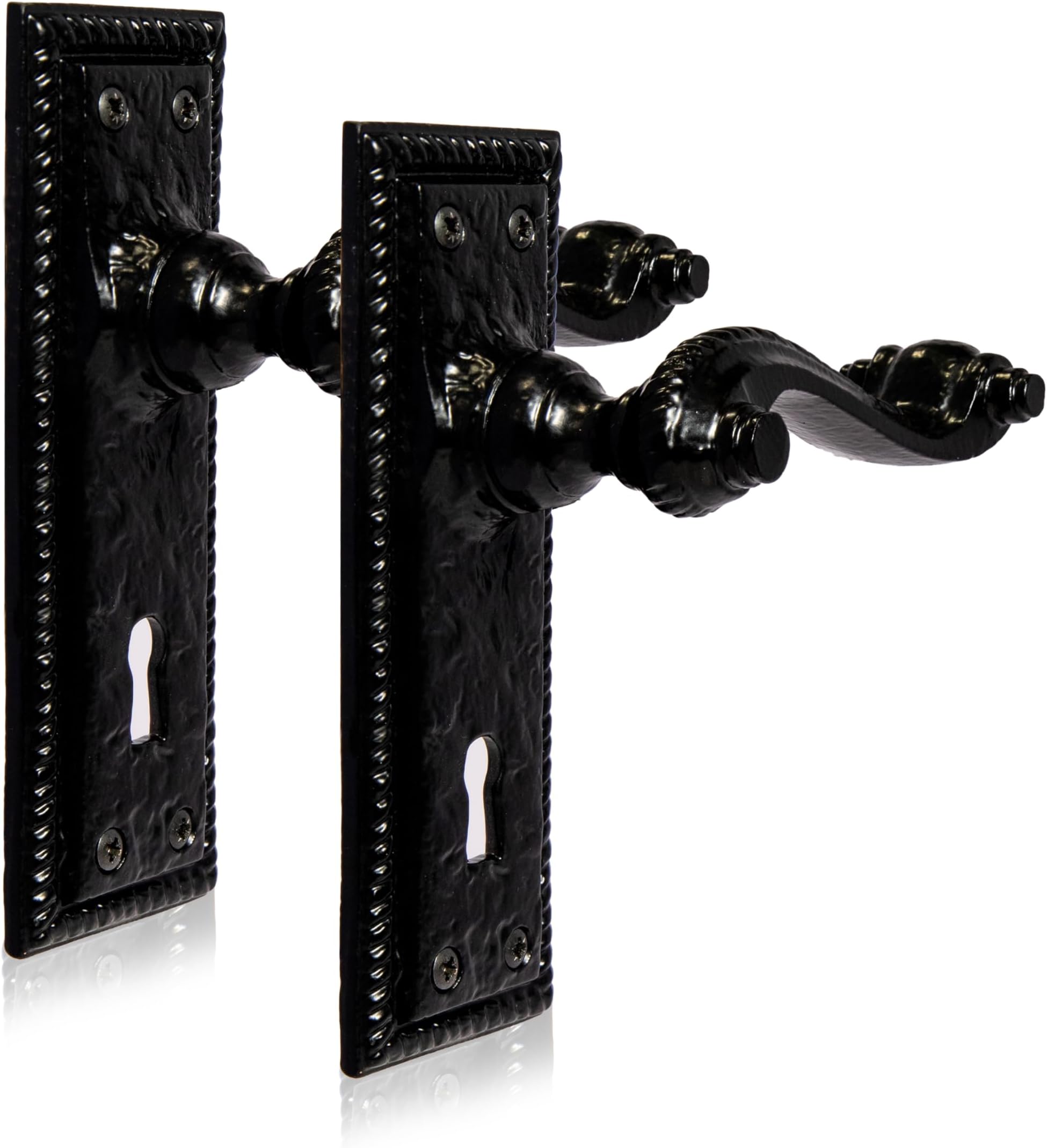 XFORT Georgian Door Lock Handle Set, Matt Black Interior Door Handles, Antique Door Handles in Cast Iron, (155x53mm Backplate)