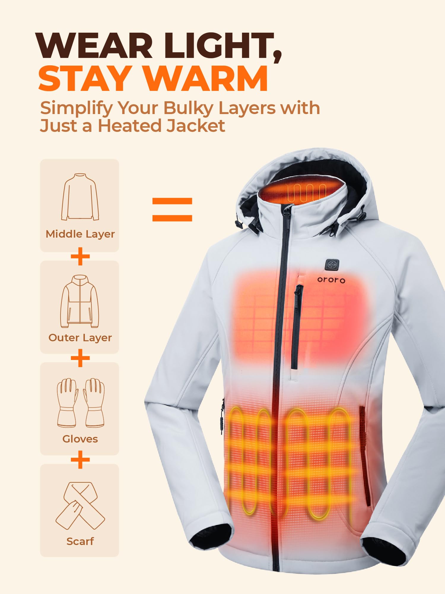ORORO Womens Classic Heated Jacket Water Resistant Heated Coat | Heated softshell jacket with collar heating battery included machine washable detachable and adjustable hood product thumbnail 5