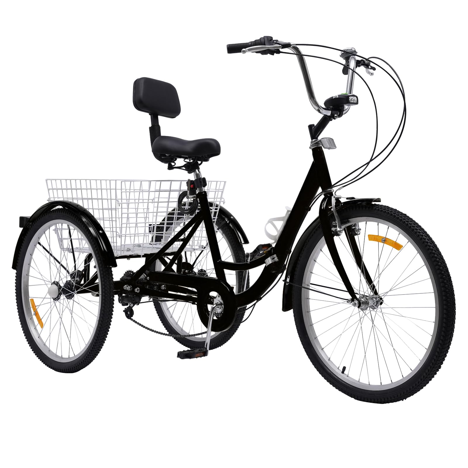 Tricycle pour adulte 24 ", pliable, 3 roues, 7 vitesses, tricycle pour adulte, tricycle pliant avec panier, lampe, dossier arrière et porte-gobelet (noir)