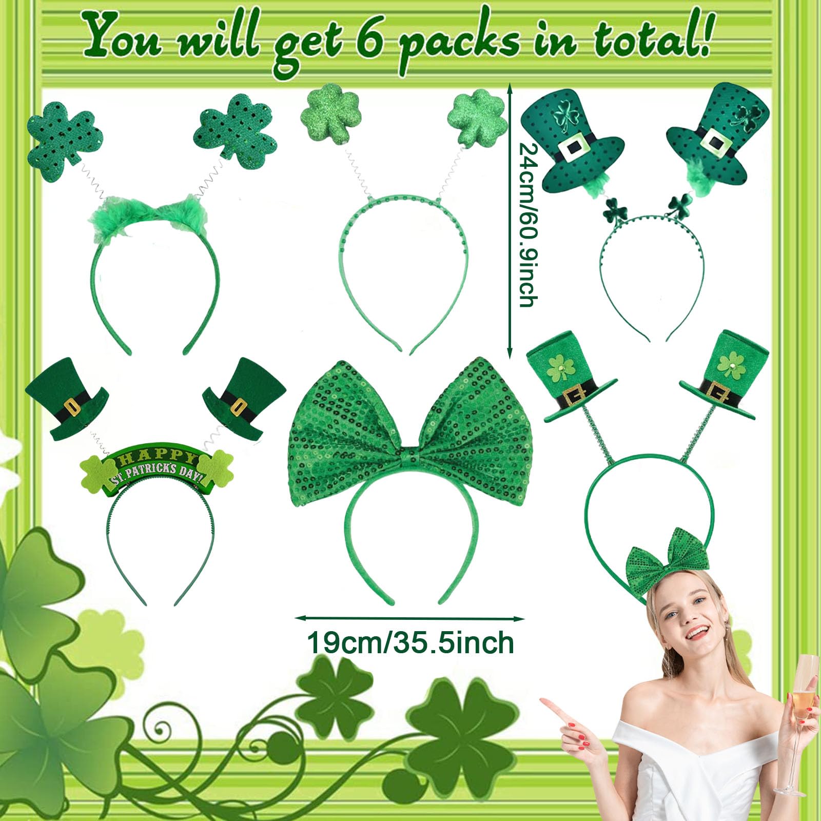 BFSYRR St Patricks Day Headband,St Patricks Day Accessories,6Pcs Hair Accessories Green Clover Hair Hoops,Leprechaun Irish Costume Accessories for 14+ Years Old - Image 2