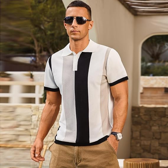 Men's Casual Polo Shirts Vintage Striped Knitting Button Down Shirts Golf Collared Shirts