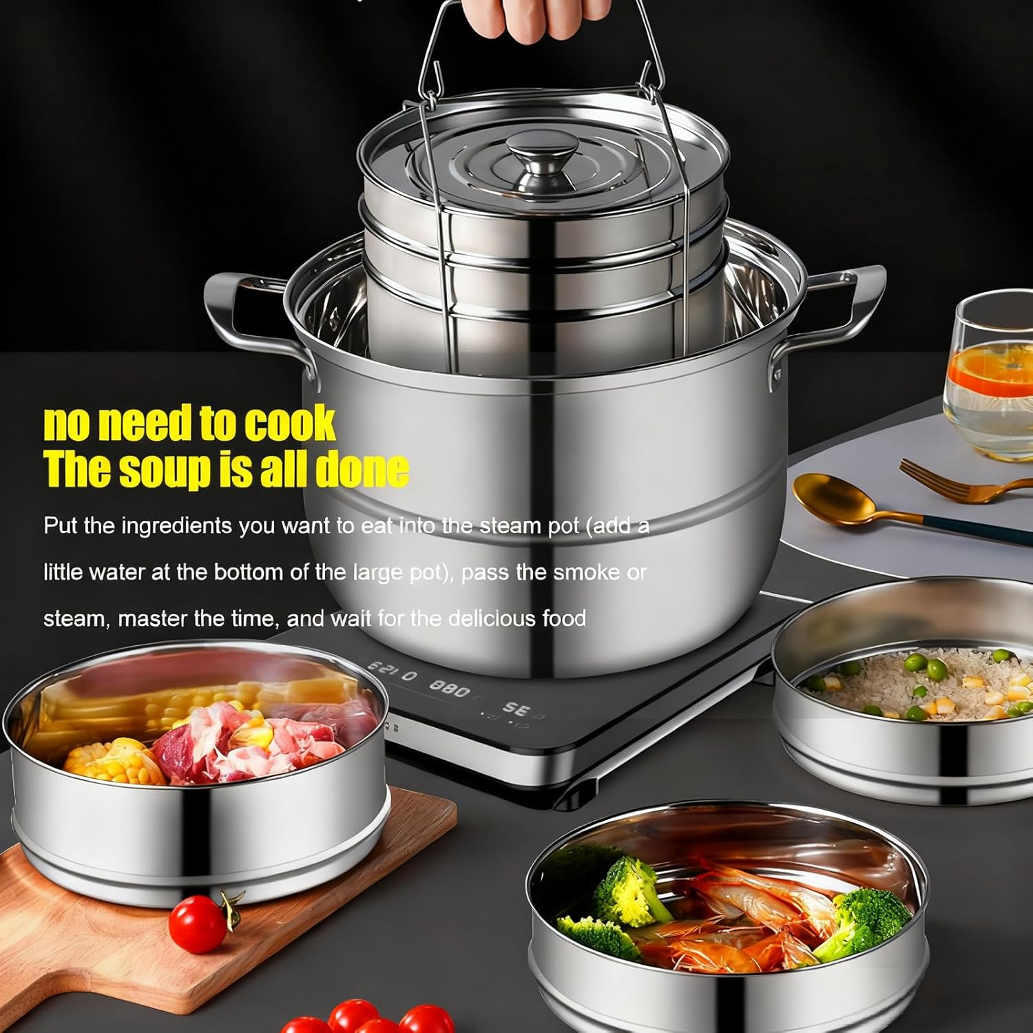 Tissting 3 Tier Stainless Steel Steamer Pots Set with Lid- Stackable Insert Pans in Pot ID 19cm 7.5in for 6QT Steamer Pressure Cookers Steaming Cookware for Kitchen Cooking
