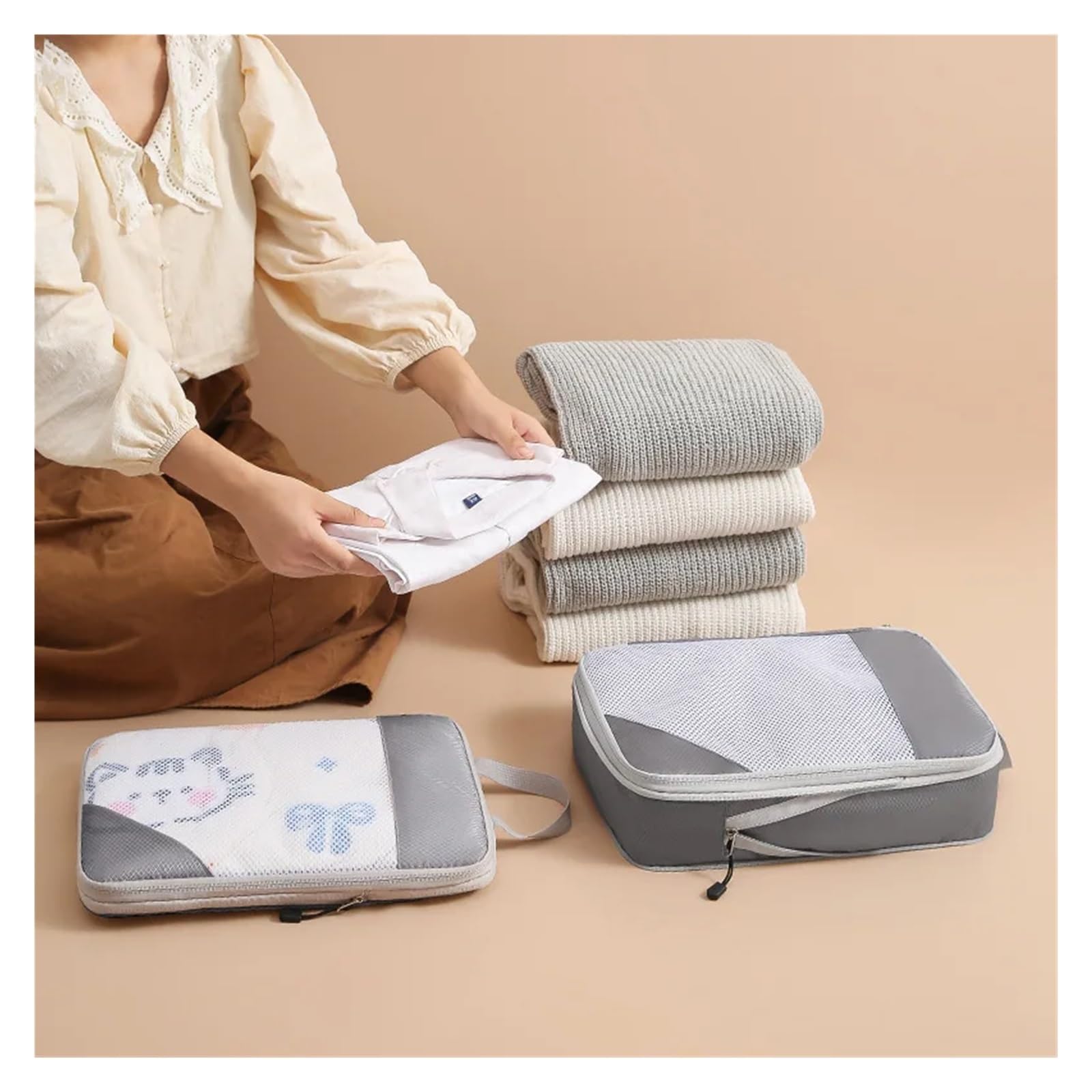 Organizer Viaggio Set da 3 pezzi, borsa viaggio con cubo di compressione, leggera, organizer for vestiti, accessori for bagagli(Grey 3-piece set)