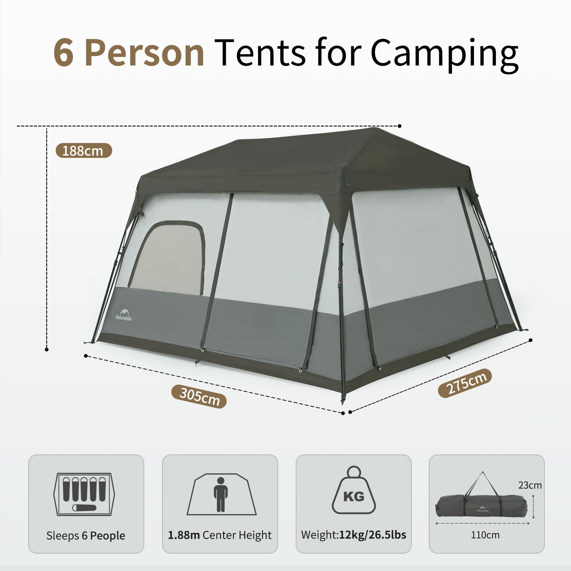 Naturehike Tienda de Campaña para 6-8 Personas Senderismo Tienda de Camping Ligero Impermeable Exteriores Festival Camping Mochila PU3000mm