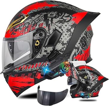 Bluetooth Modular Motorcycle Helmets, DOT FMVSS 218 Approved Flip Up Full Face Integrated Double Visor Motorcycle Helmet, Built-in Dual Speaker MicrophoneB BLACK LENSES,S5556CM
