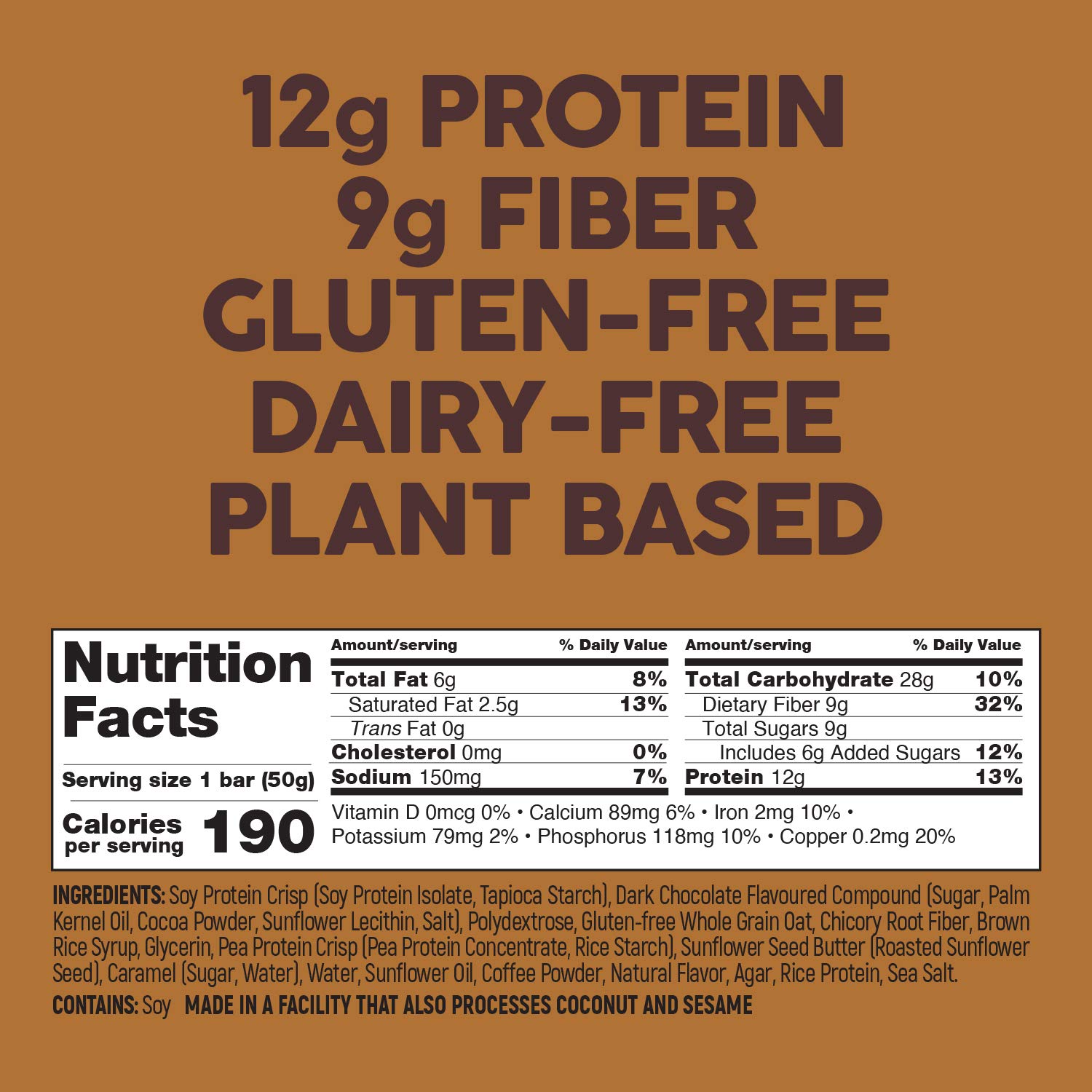 No Nuts! Caramel Mocha Protein Bars Nut-Free & School-Safe | 12g Plant Protein, Dairy-Free, Vegan, Gluten-Free, Non-GMO, Organic, Kosher | 12 Count