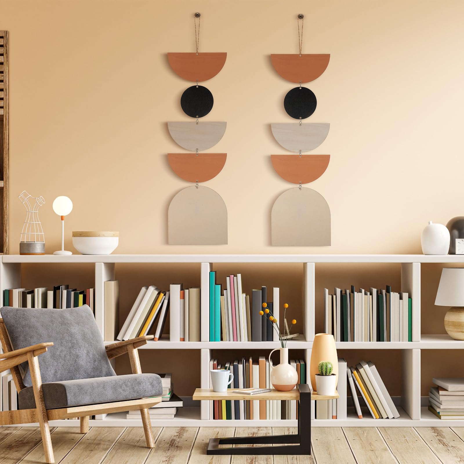 2 piezas de decoración de fase lunar ciclo lunar colgante de pared de fase de madera, decoración bohemia decorativa para sala de estar y dormitorio 4