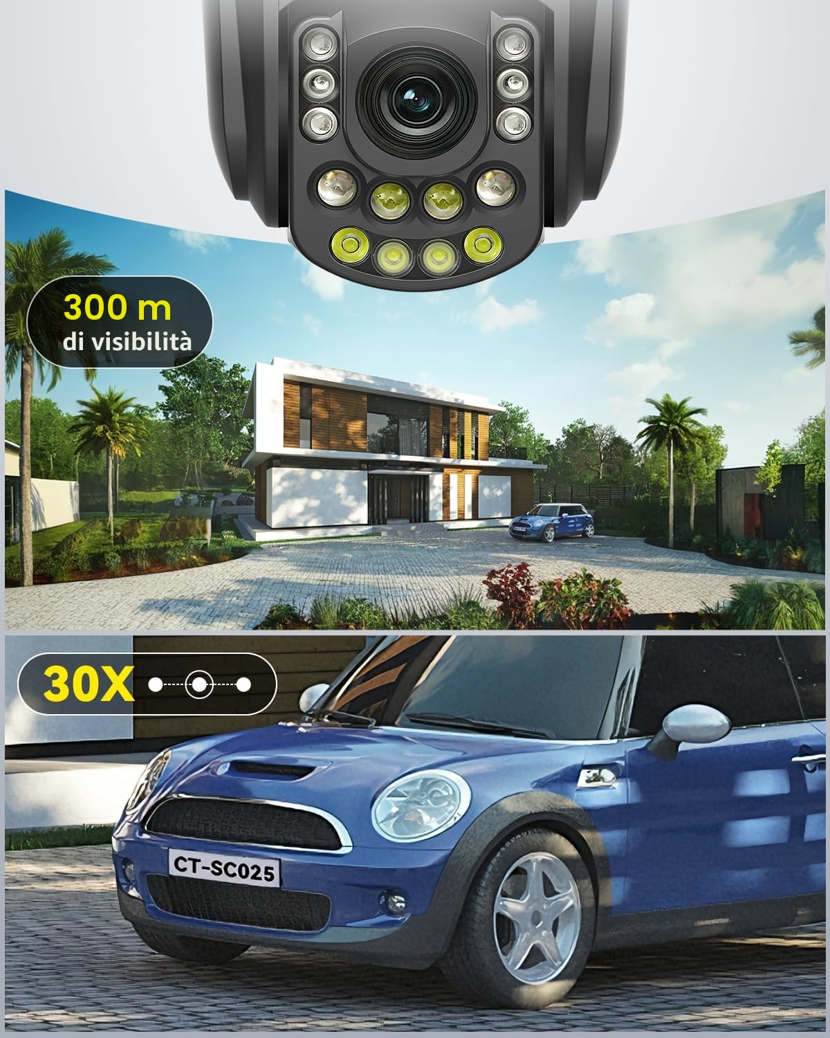 Ctronics 4K 30X 3D Zoom Ottico Telecamera Esterno, Auto Cruise/Tracking | 180M Visione Notturna, Rilevamento di Persone/Veicoli/Animali Domestici, 5Ghz/2.4Ghz Wi-Fi, 256GB TF Card/FTP/Cloud, Meta