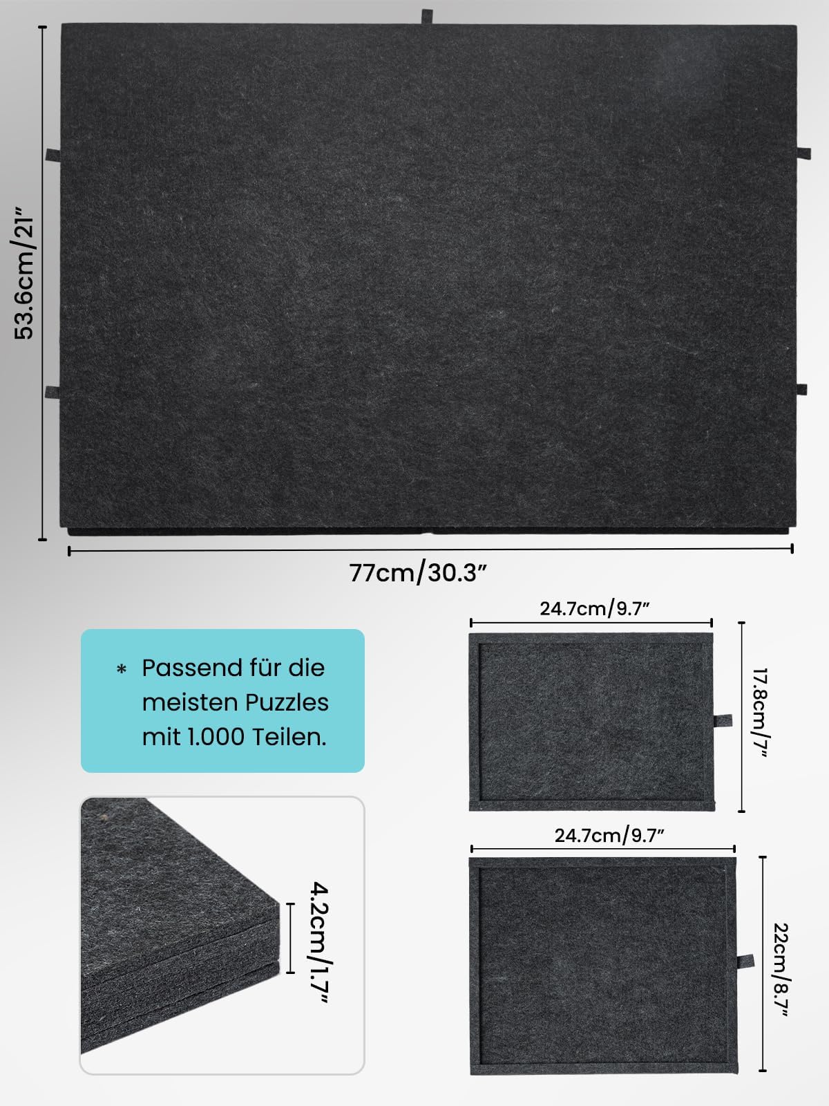 Puzzle-Aufbewahrungsbrett mit 6 Schubladen – Neigbare Puzzle-Platte aus Filz für bis zu 1000 Teile – 2-in-1 Puzzletisch mit Ständer & Abdeckung – Leicht & tragbar für Erwachsene & Kinder (Dark Grey)