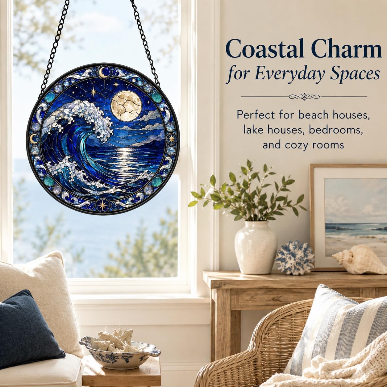 Stained Glass Ocean Waves Suncatcher Diamond Glass Panel Window Hanging