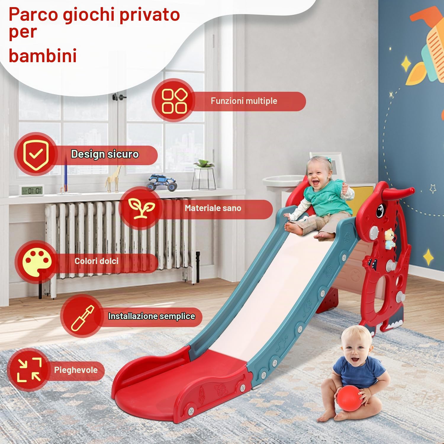 Daromigo Scivolo per bambini 4 in 1, scivolo divertente per bambini con strumento di apprendimento precoce in inglese e cestino da basket, scivolo per bambini per 1-3 anni, scivolo per bambini