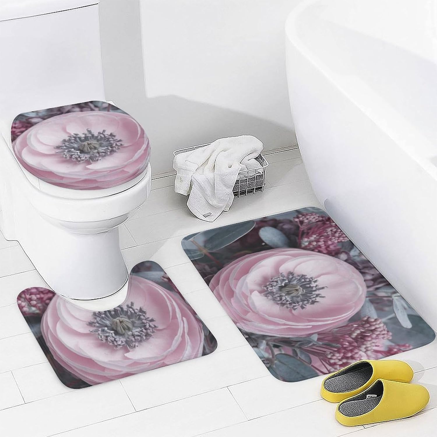 Bathroom Mat Set, Spring Pattern Printed on Bathroom Accessories Sets Complete, Ideal for Apartment RV College Dorm, 72 x 72 inches