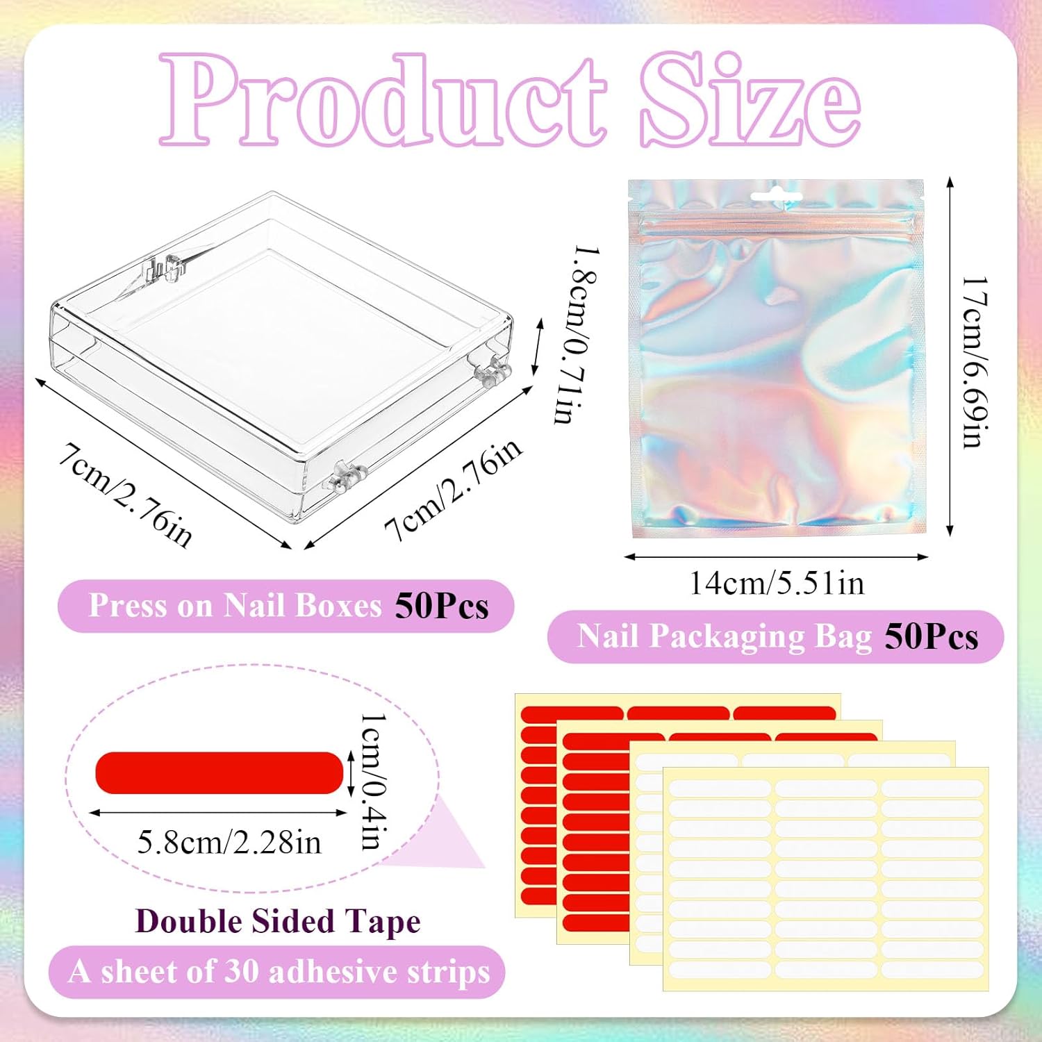 50 Pcs Press on Nail Storage Box, Clear Nail Display Case with 120 Pcs Adhesive Double Sided Tape and 50 Pcs Nails Packaging Bag, Press on Nail Case for Nails Salon, Storage, Display
