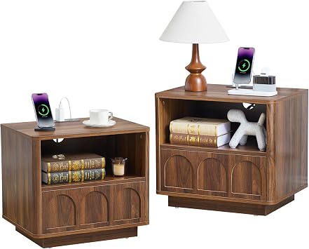 Small Nightstand Set of 2 with Charging Station, Accent Bedside Nightstand with Drawer, Mid Century Modern Bedroom Side Bed Table with Storage for Dorm, Living Room, Couch, Office - Walnut