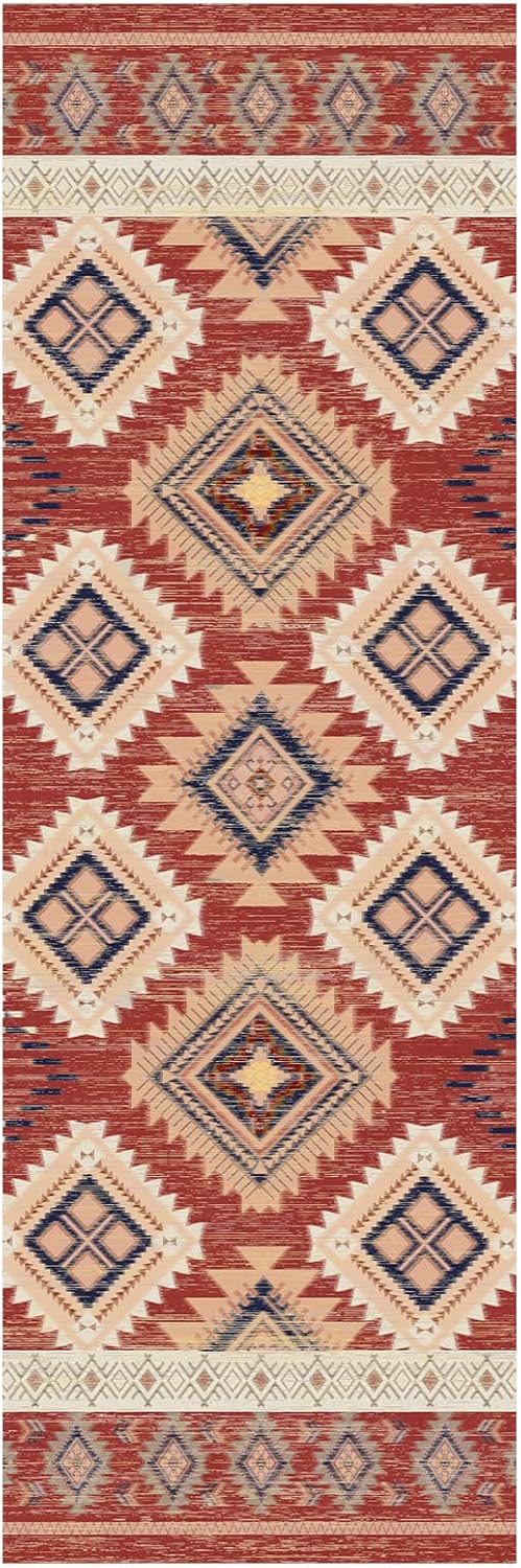 Washable Hallway Runner Rug 2' ×6' Red Boho Western Rug Geometry Non-Slip Soft Colorful Oriental Vintage Long Carpet Kitchen Entryway Bedroom Corridors Indoor