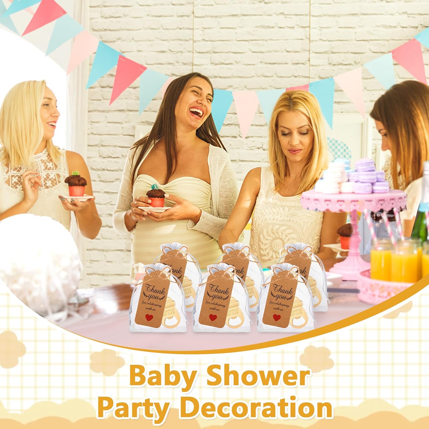 50Pcs Popping Bottle Openers Baby Shower Return Favors for Guests Bottle Opener Decorations and Souvenirs Baby Bottle Shaped Bottle Opener with Organza Bags Thank You Tags for Theme Decoration