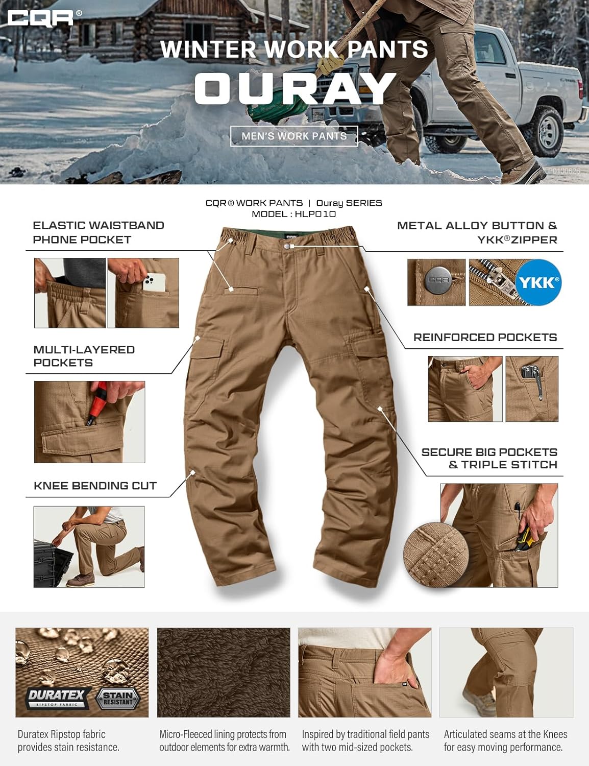 CQR Men's Winter Tactical Cargo Pants, Thermal Fleece Lined Outdoor Snow Ski Hiking Work - Image 5