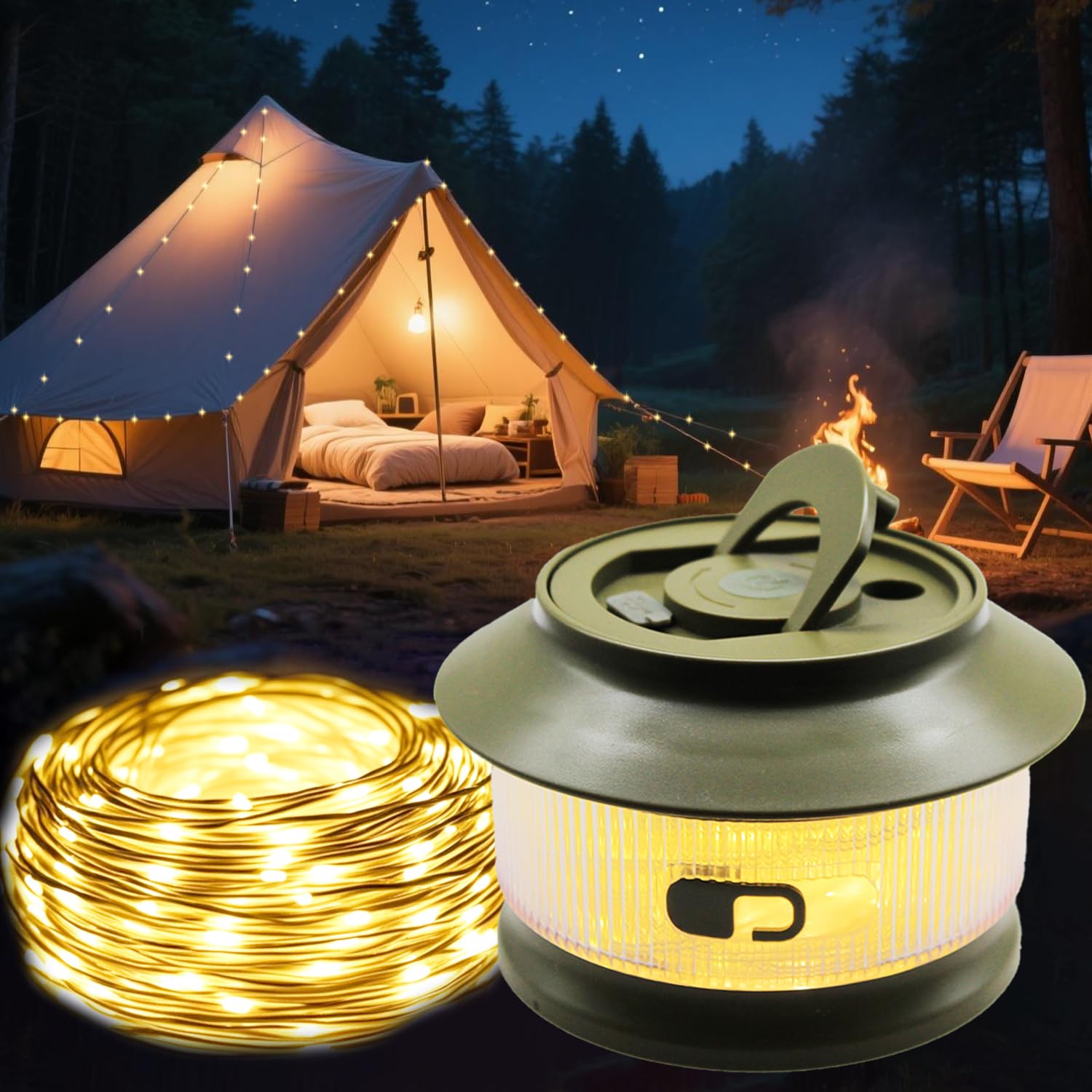 Camping Fairy Lights, Rollable, 20 m, 3000 mAh Battery, 350 Lumens, 5 Lighting Modes, Waterproof, Portable, Packable, Rechargeable LED Fairy Lights for Camping, Decoration