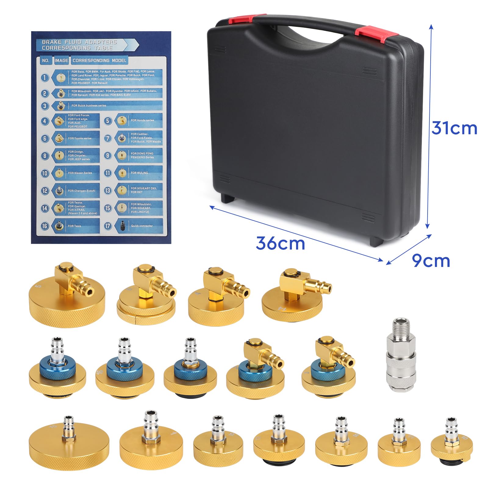 efuturetime Kit 17 Pezzi Adattatori per Spurgo Freni, Apparecchiatura con Connessione Rapida per Cambio Liquido, Universale per la Maggior Parte dei Veicoli