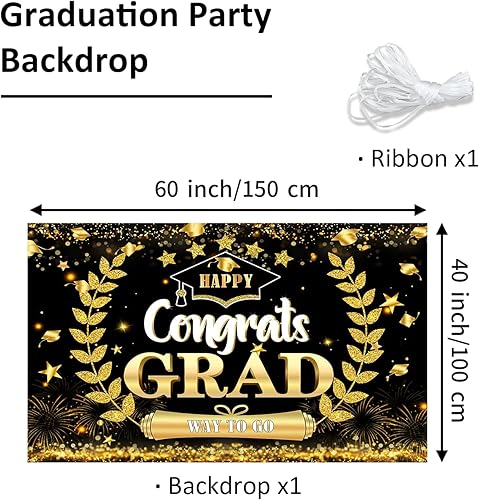 Miniatura 3 de Decoraciones para fiestas de graduación 2023, telón de fondo de graduación dorado y negro 2023  Cartel de felicitaciones para la clase de 2023 de