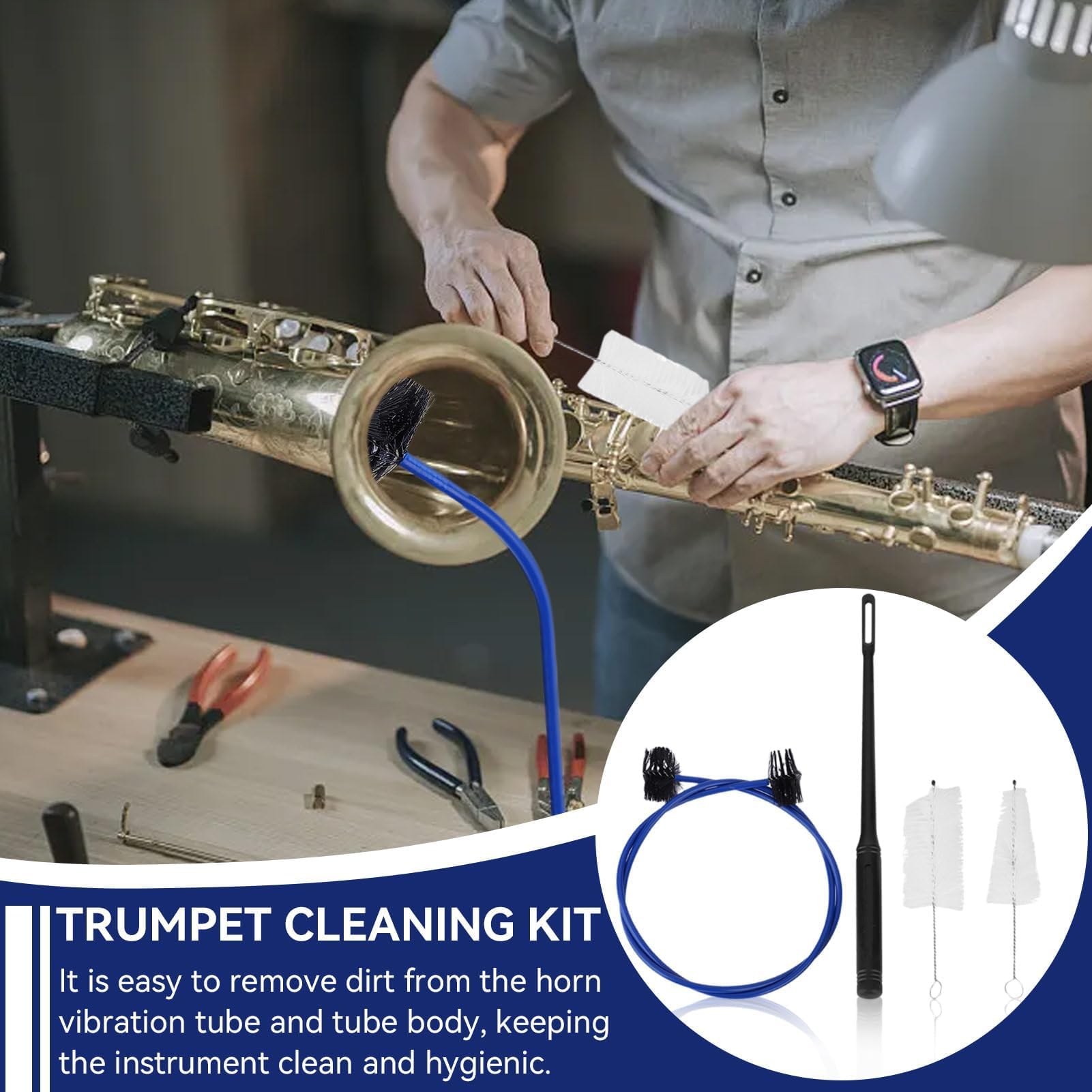 Kit de Limpieza para Trompeta, 4 Pzs/Set Cepillo Serpiente para Boquilla Cepillo Flexible para Válvula con Varilla Limpieza Kit de Limpieza y Mantenimiento para Instrumentos Musicales de Corneta