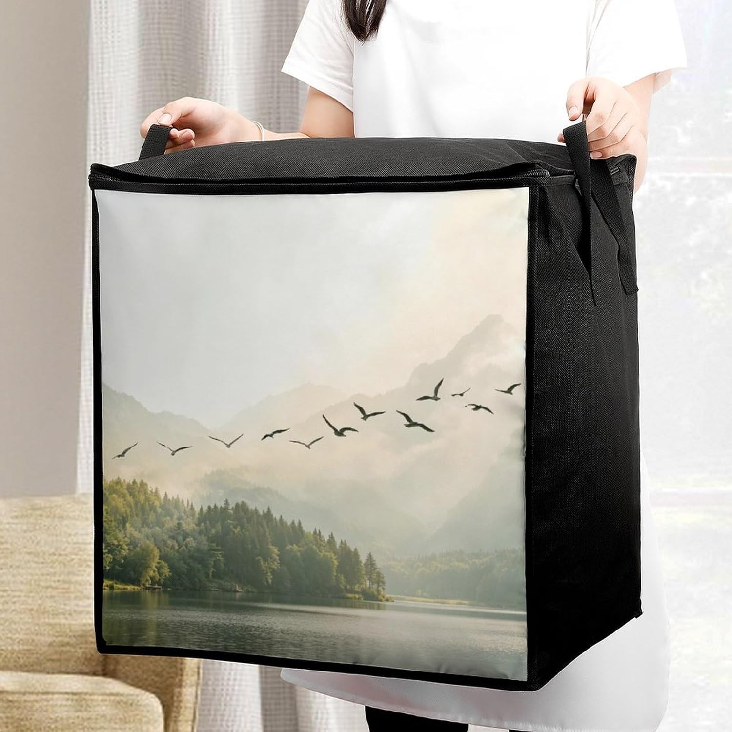 Fog Landscape Comforter Storage Bag Moving Bag | Clothes Storage Bins-70L,Moving Bag With Dual Handles For Easy Carrying, Zipper Design Durability for Home,Bedroom,Closet