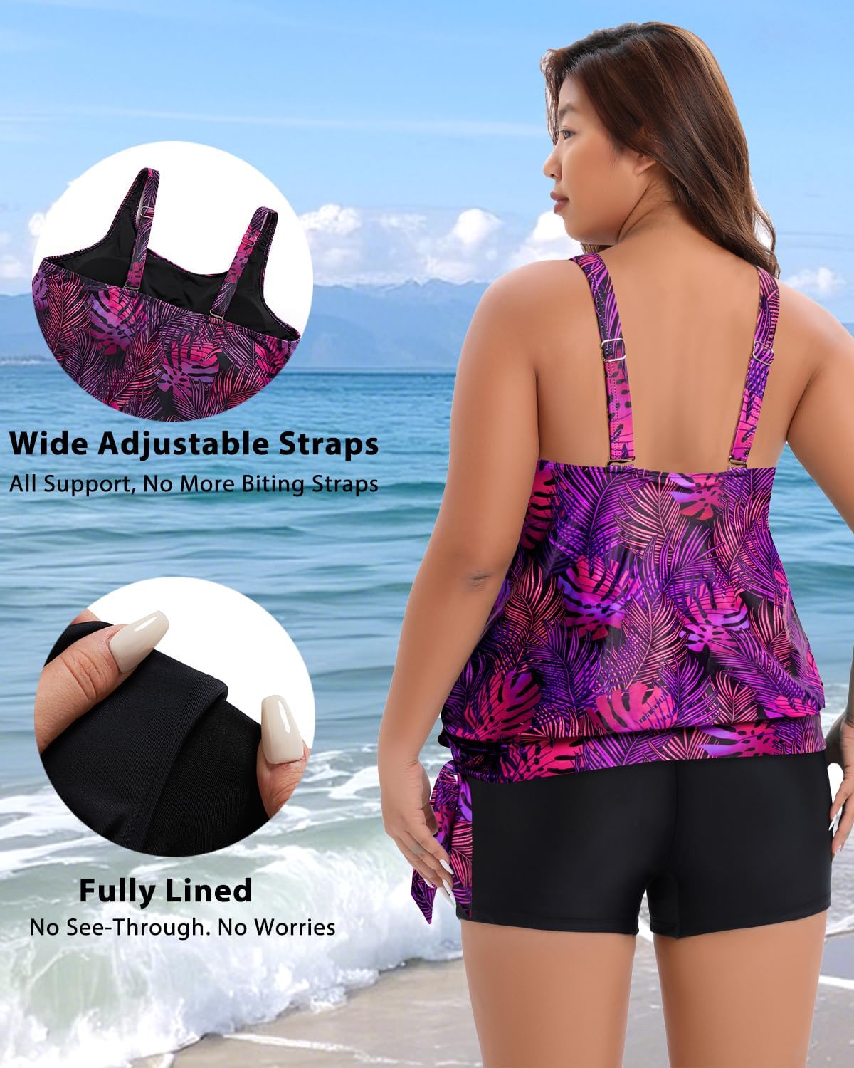 Holipick Women Plus Size Tankini Swimsuit - Two Piece Bathing Suits Tankini Top with Shorts Wide Straps - Image 3