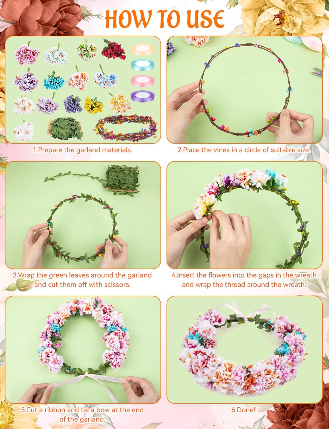 25 Sets DIY Flower Crowns Making Kit, Make Your Own Flower Crown Wreath Handmade Fairy Floral Hair Accessories Garland Kit for Bridal Wedding Birthday Party Decor