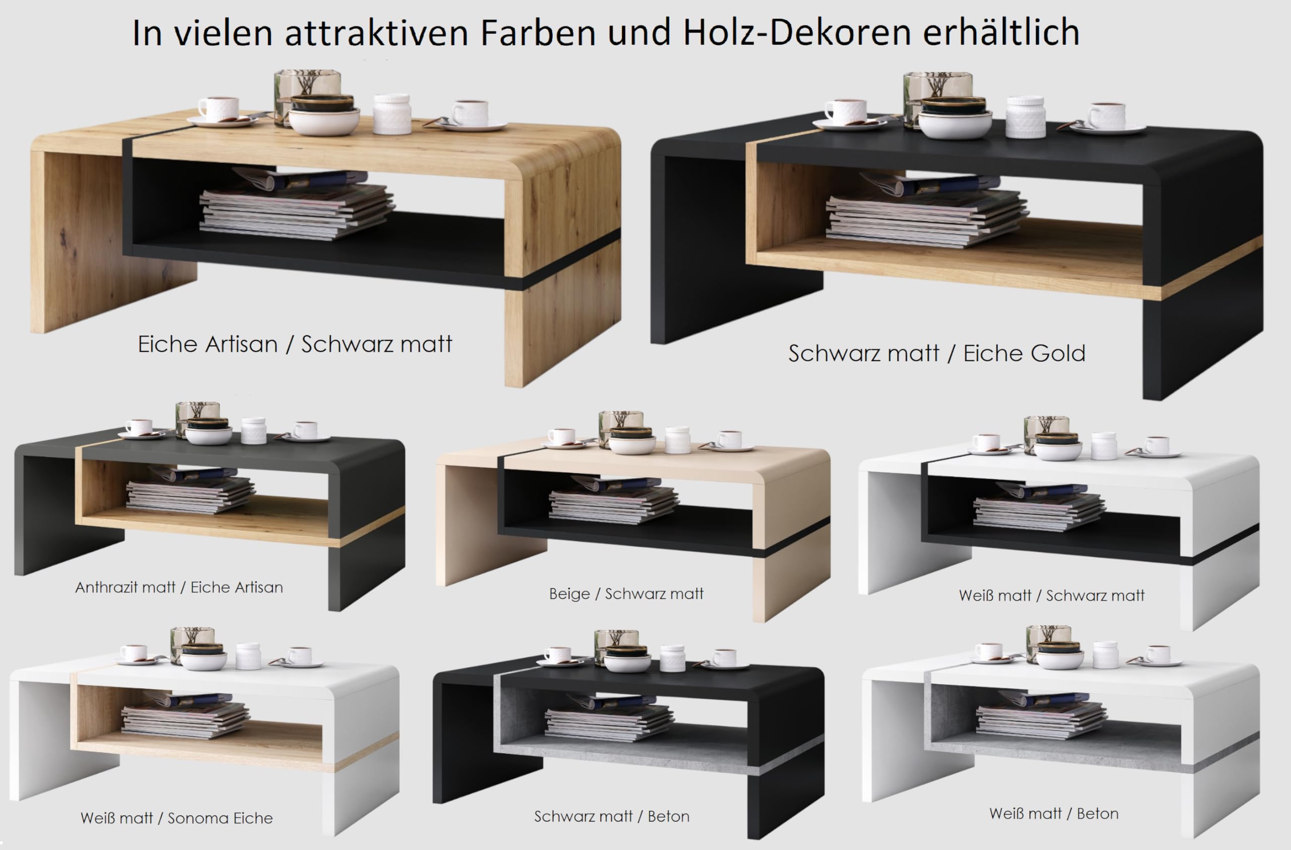 Folk Couchtisch Eiche Artisan / Schwarz matt 100x60x40 cm mit praktischer extra Ablage modern stabil Wohnzimmertisch Beistelltisch Sofatisch zeitloses Design platzsparend Wohnzimmer kleine Räume