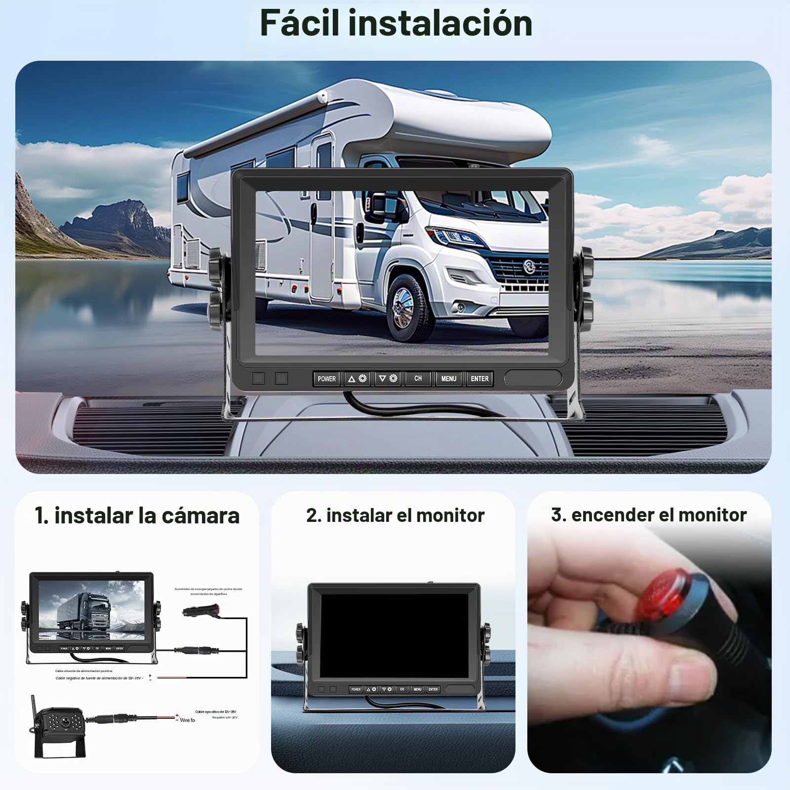 VECHTEL Cámaras Marcha Atrás Inalámbricas 1080P con Monitor IPS de 7 Pulgadas y Función de División de Pantalla, soporta DVR+2 Cámaras, IP68 Impermeable, para Autobús/Camión/Remolque/RV/SUV