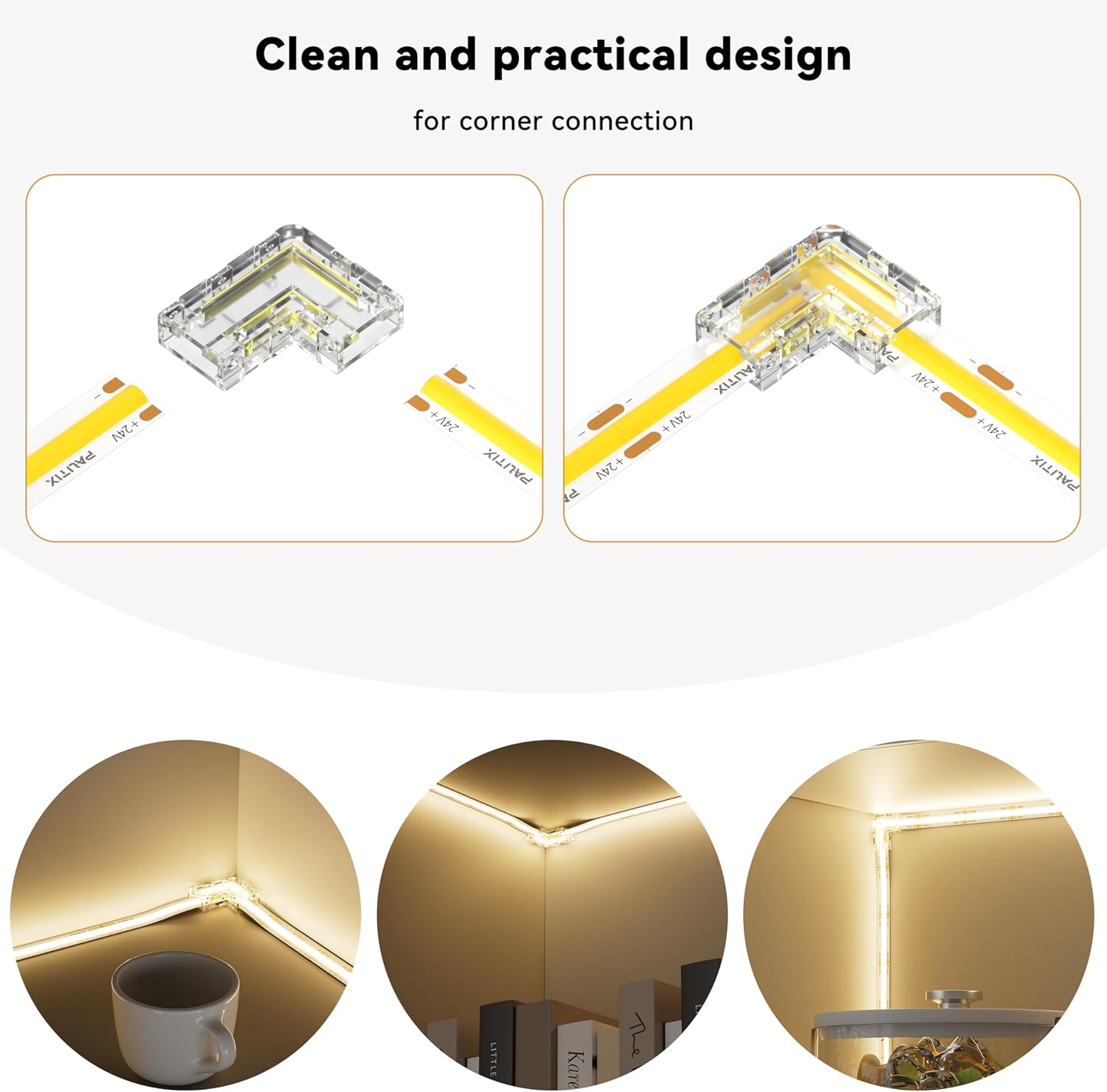 PAUTIX 8mm 2-Pin COB Connector 8pcs L-Shaped/Corner Connectors,Reusable Solderless Adapter Terminal Extension Connection,2pcs Gapless Strip to Strip Connectors for COB LED Strip Lights,SMD LED Strips - Image 2
