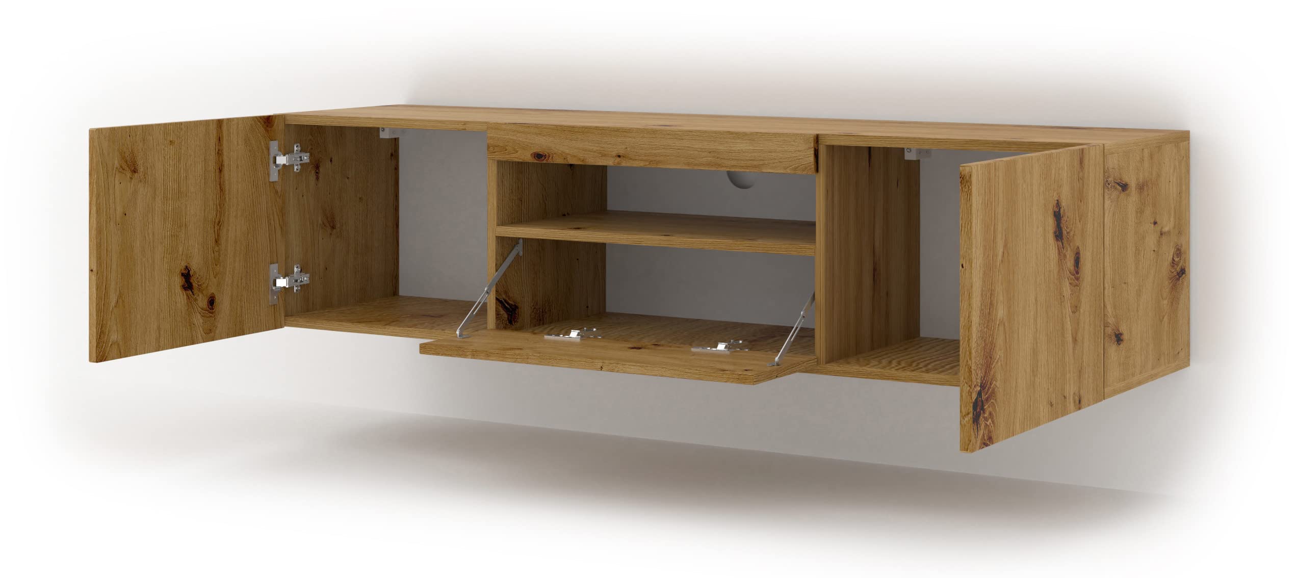 BIM Furniture Lowboard TV 150 cm - Universell Sideboard mit Laminierten Fronten und LED, Hängend oder stehend - Fernsehschrank HiFi Schrank fürs Wohnzimmer Artisan Eiche