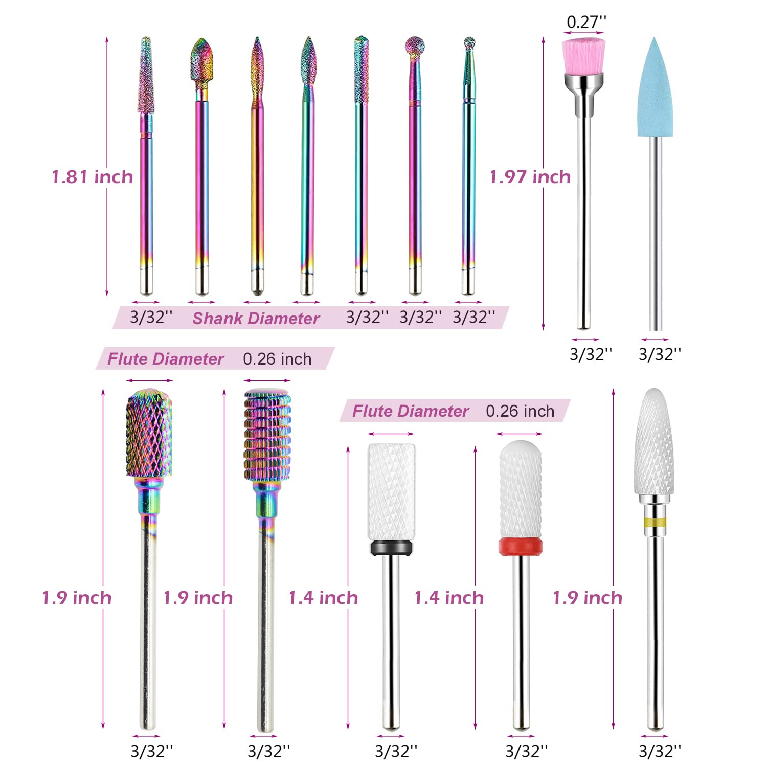 14pcs Nail Drill Bits Set, 3/32 Inch Ceramic Efile Nail Drill Bits Diamond Cuticle Electric Nail File Tungsten Carbide Cuticle Remover Bits for Home Salon Acrylic Gel Nail Manicure Pedicure Tools : Beauty & Personal Care