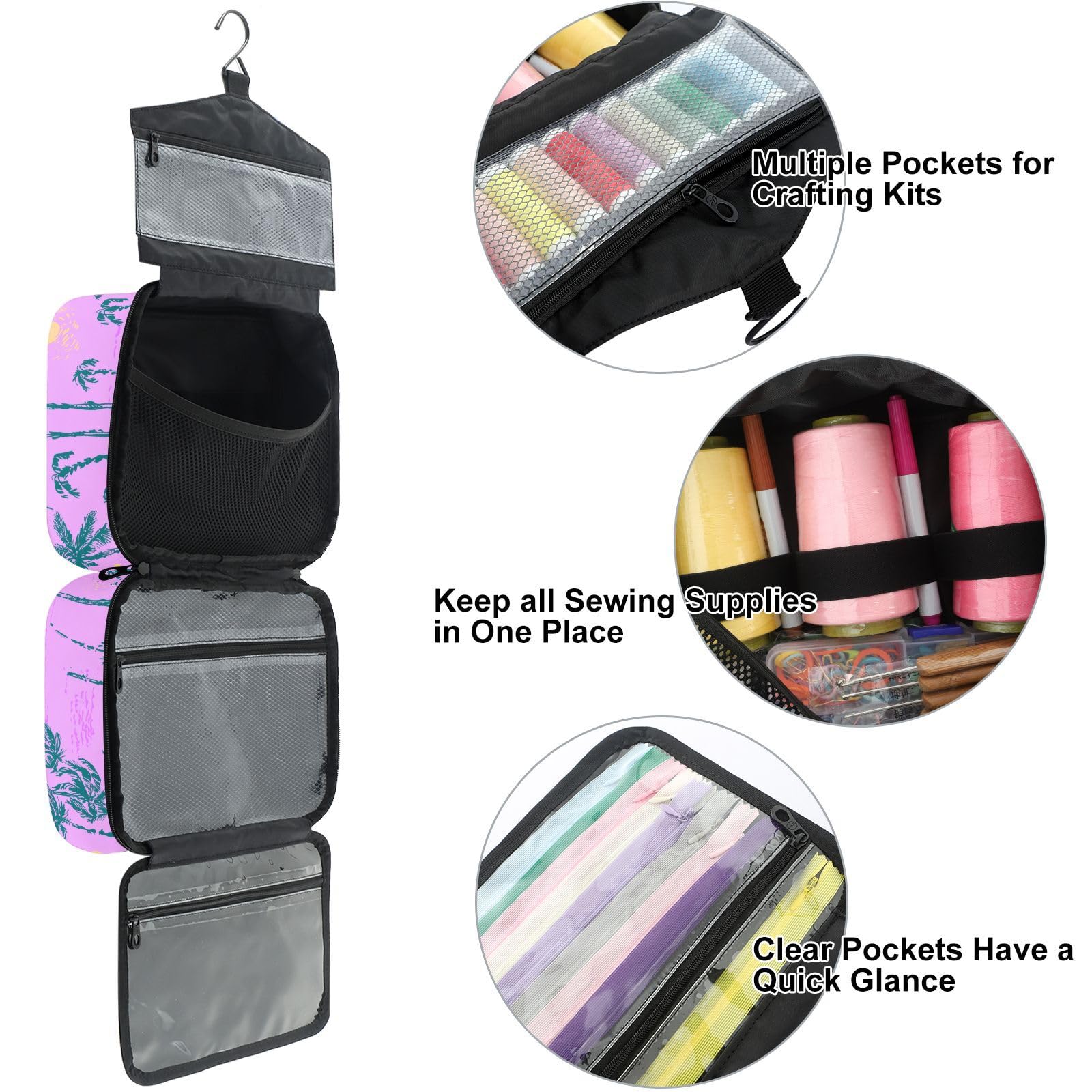 YNNALE Sewing Supply Organizer Bag, Purple Hawaii Palm Tree Sun Print Portable Sewing Bags with Pockets&Hanger, Sewing Storage Box Case for Sew Supplies/Kit/Tools/Accessories (BAG ONLY)