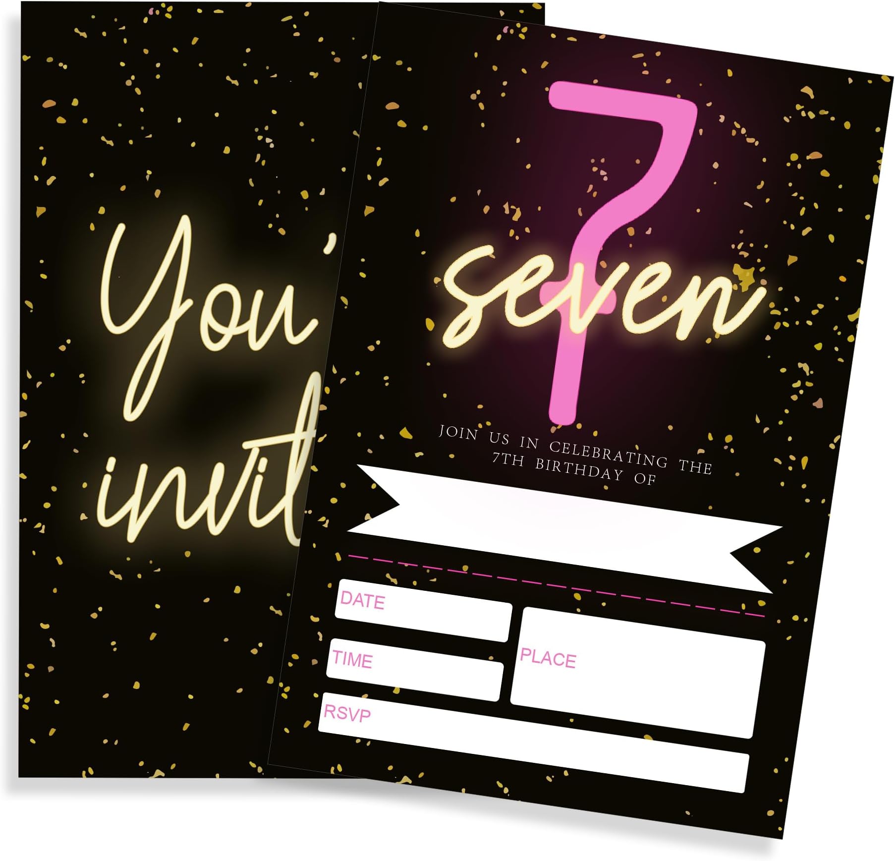 7th Birthday Invitations, 20 Pcs Glow neon Fill In Invites With Envelopes,7 years old invites For Girls Birthday Celebration, Party Favor And Supplies - A06