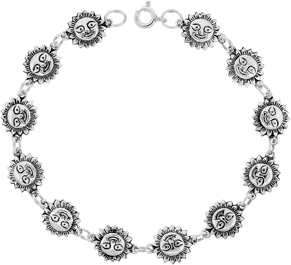 Dainty Sterling Silver Sun Bracelet for Women 1/2 wide 7.5 inch long