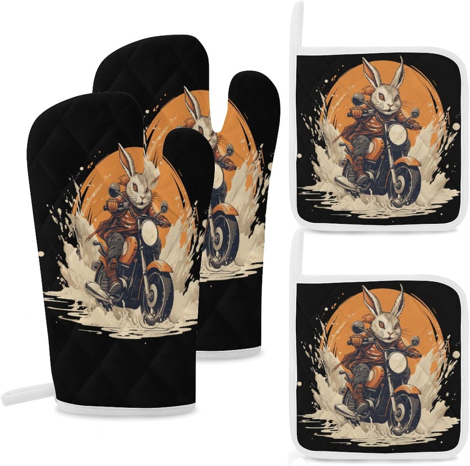Rabbit Motorcycle 4 Pcs Oven Mitts and Pot Holders Set High Heat Resistant Long Kitchen Oven Glove Potholders